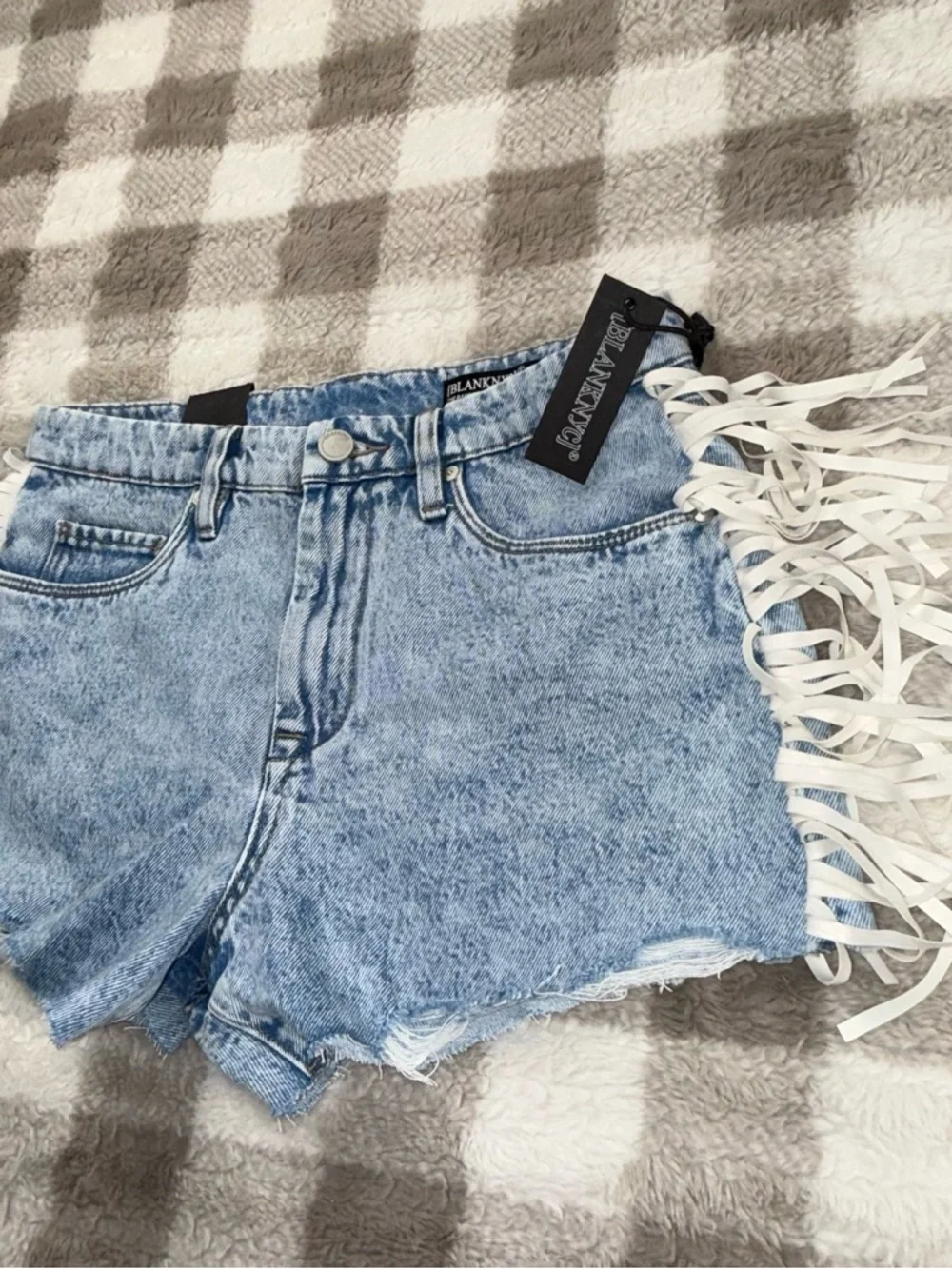 Blank NYC Light Blue Acid-Wash Denim Cutoff Shorts with Fringe - Picture 2 of 9